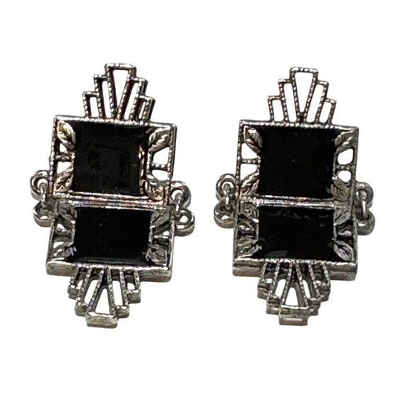 Art Deco Style Black & Silver Geometric Earrings - Picture 1 of 3